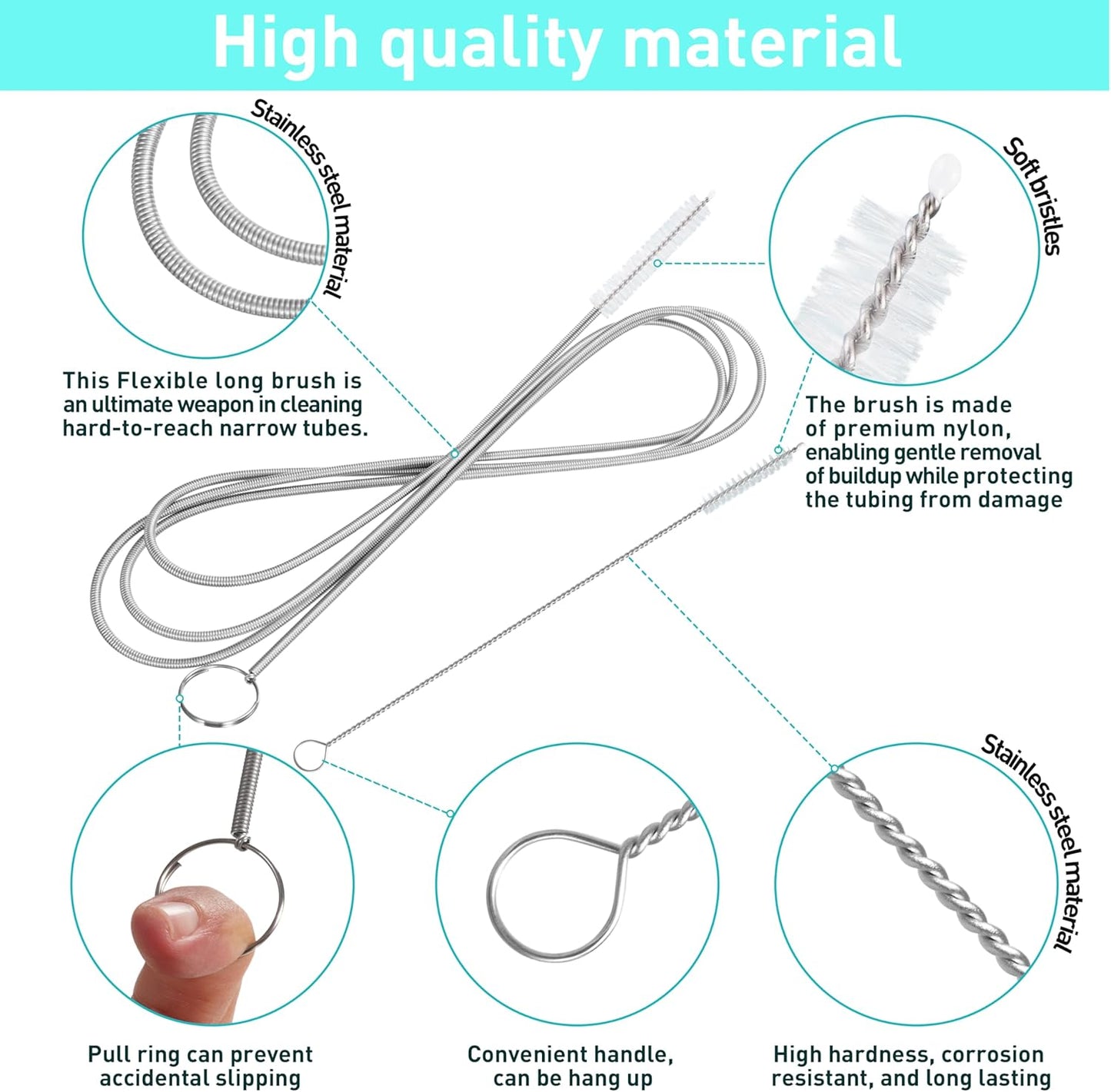 2 Pack 61 inch Long Flexible Drain Cleaning Brush and 2 PCS 7-inch Straw Brush, Suitable for Cleaning Feeding Tubes