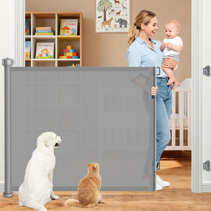 71 inch Retractable Baby Gates, EZIGO Extra Wide Baby Gate for Large Opening Extra Long Mesh Gate for Kids or Pet Dog Gate Child Safety Gate for Stairs Hallways Doorway Indoor Outdoor, Gray