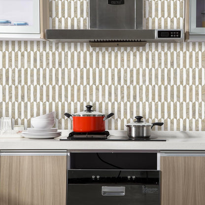 Vamos Peel and Stick Backsplash Seamless Tile for Kitchen and Bathroom,White and Beige Slate PVC Mixed Light Gold Self Adhesive Fish Scale Metal Mosaic Tiles (10 Sheets)