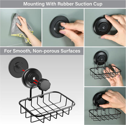 HASKO 2-Pack Suction Cup Soap Holder – Bar Soap Dish for Shower with Hooks for Bathroom – Optional Mounting with Adhesive Tape or Glue – Includes 2 Soap Savers – Stainless Steel SS304 - Silver