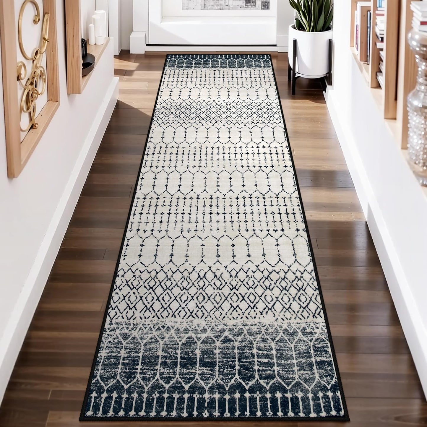 Lahome Moroccan Entry Rug 2x3, Non-Slip Washable Front Indoor Door Mat Rubber Backing Low-Profile Door Rugs, Small Geometric Print Distressed for Entryway Bathroom Kitchen, Black Hana