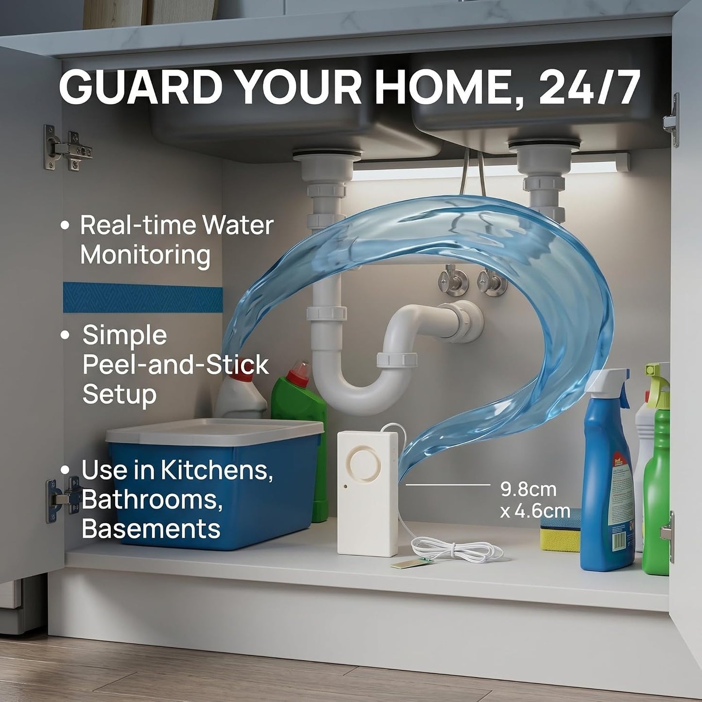 Beaupretty 2pcs Water Leak Alarm Detector with 110db Audible Overflow Alarm, Abs Material, Easy DIY Installation, Real Time Water Detection Sensor for Kitchen and Home