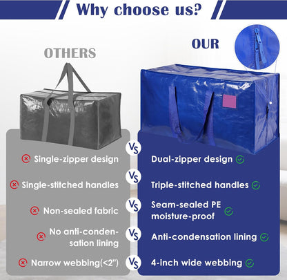 6 Pack Moving Bags Heavy Duty 210GSM with Full-Open Side Zipper, 93L 220lbs Waterproof Foldable Storage Totes for College Dorm Move-In, Moving Boxes Alternative & Home Organization, Blue