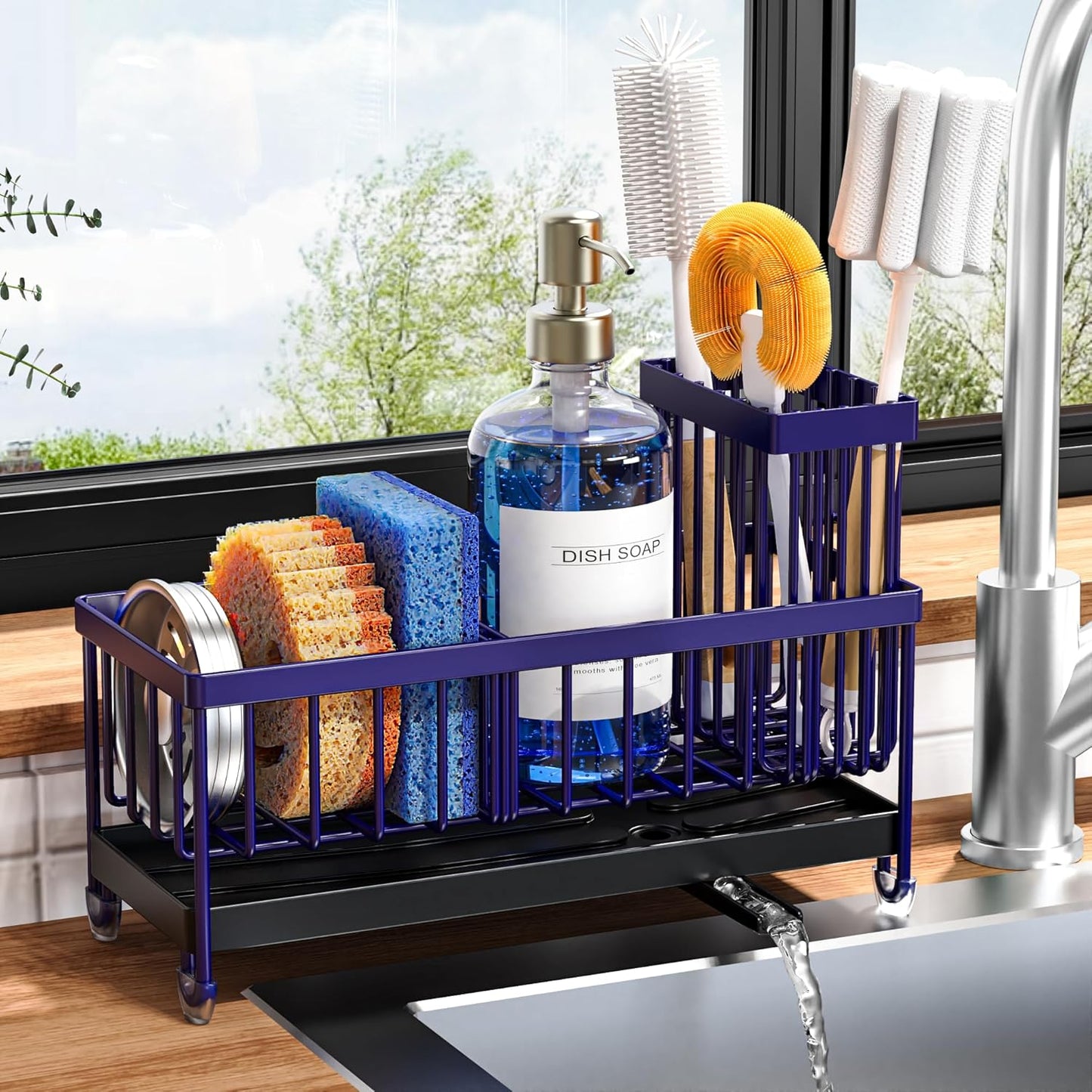 Cisily Sponge Holder for Kitchen Sink, Sink Caddy Organizer with High Brush Holder, Kitchen Countertop Organizers and Storage Essentials, Rustproof 304 Stainless Steel (Black, 9.25″)