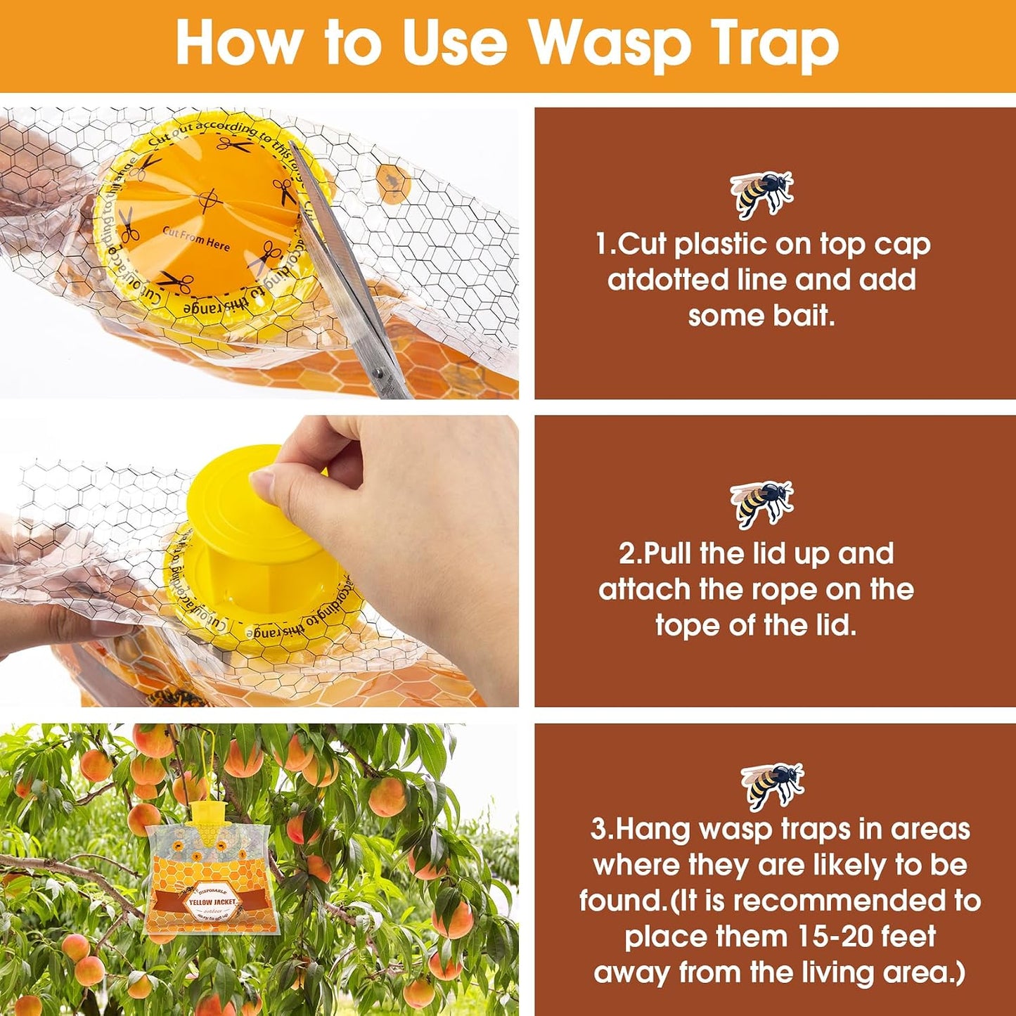 6 Pack Disposable Wasp Traps Outdoor Hanging Yellow Jacket Trap Carpenter Bee Traps for Outside Wasp and Hornet Traps Catcher Killer for Fly, Insects and Bug Outdoor Hanging Bag
