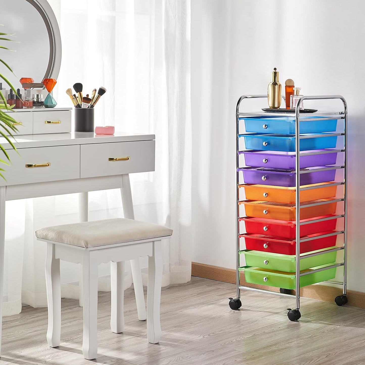 Yaheetech 4-Drawer Rolling Storage Cart with Wheels, Slim Organizer, Black | Four drawers plus a top shelf organize craft to bath gear; slim chrome-steel frame, plastic bins, locking wheels, easy setup.