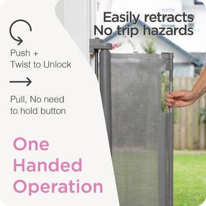 Retractable Baby Gate Perma Child Safety 33" Tall x 55” Wide, Mesh, for Stairs, Doorways, Dogs, Pets, Indoor, Outdoor, One-Handed Operation, Locking, Easy Install, Hardware Mount, White