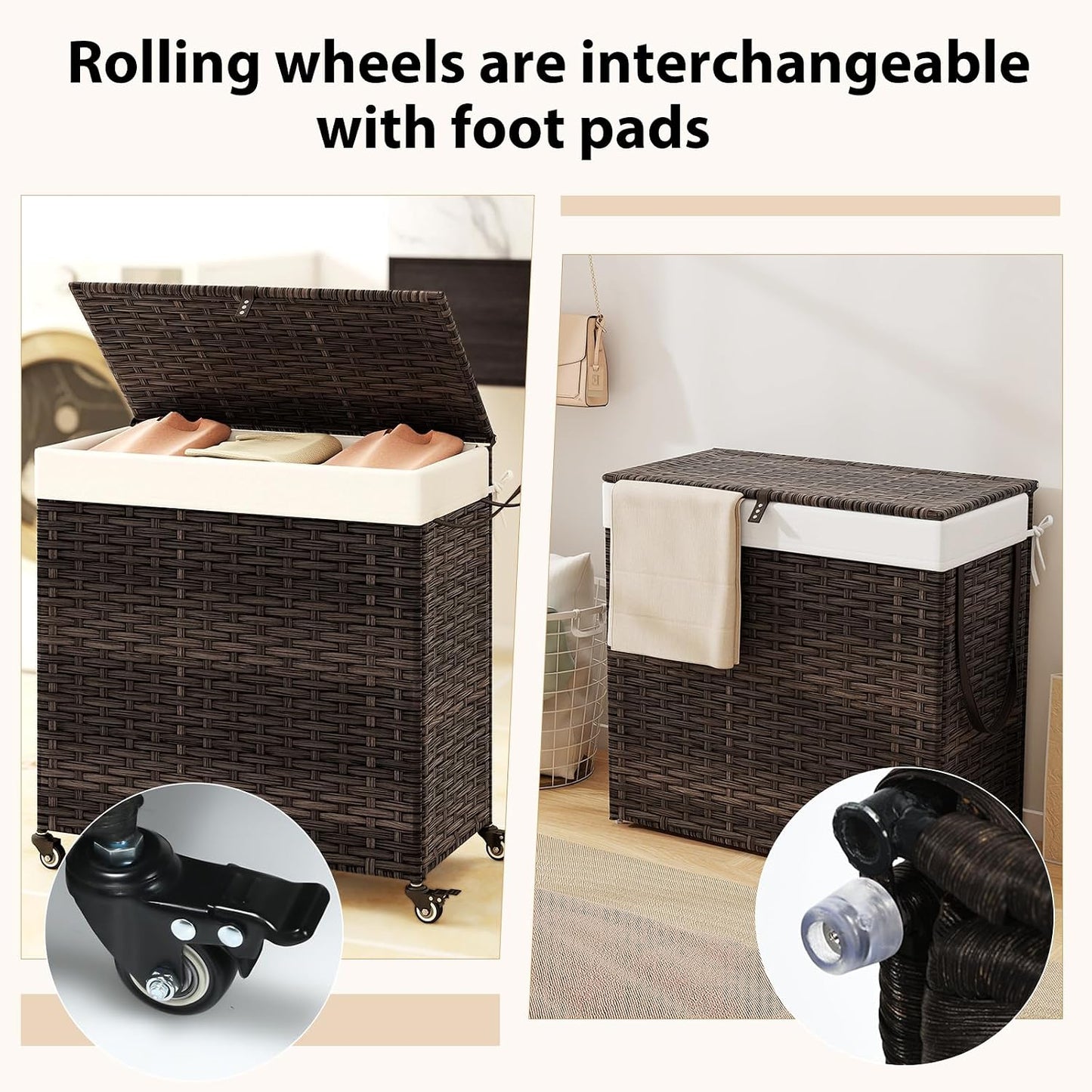 Giantex Laundry Hamper w/Wheels, 3 Section Hamper 125L w/2 Removable Liner Bags, Handwoven Rattan Divided Laundry Basket w/Lid and Handle for Laundry Sorter for Bathroom Bedroom (Brown)