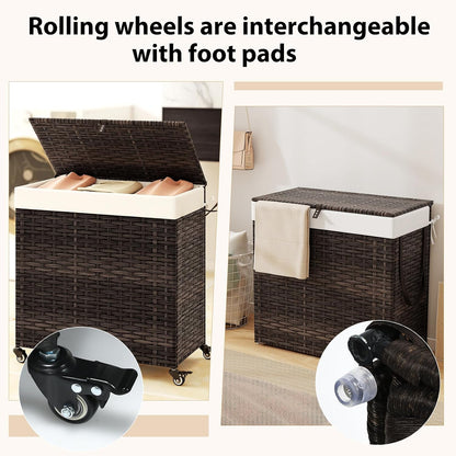Giantex Laundry Hamper w/Wheels, 3 Section Hamper 125L w/2 Removable Liner Bags, Handwoven Rattan Divided Laundry Basket w/Lid and Handle for Laundry Sorter for Bathroom Bedroom (Brown)