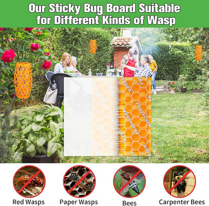 Wasp Trap & Sticky Pads Bundle – 2 Pack Hanging Wasp Trap with 12 Refill Glue Boards for Outdoor Use (Orange)