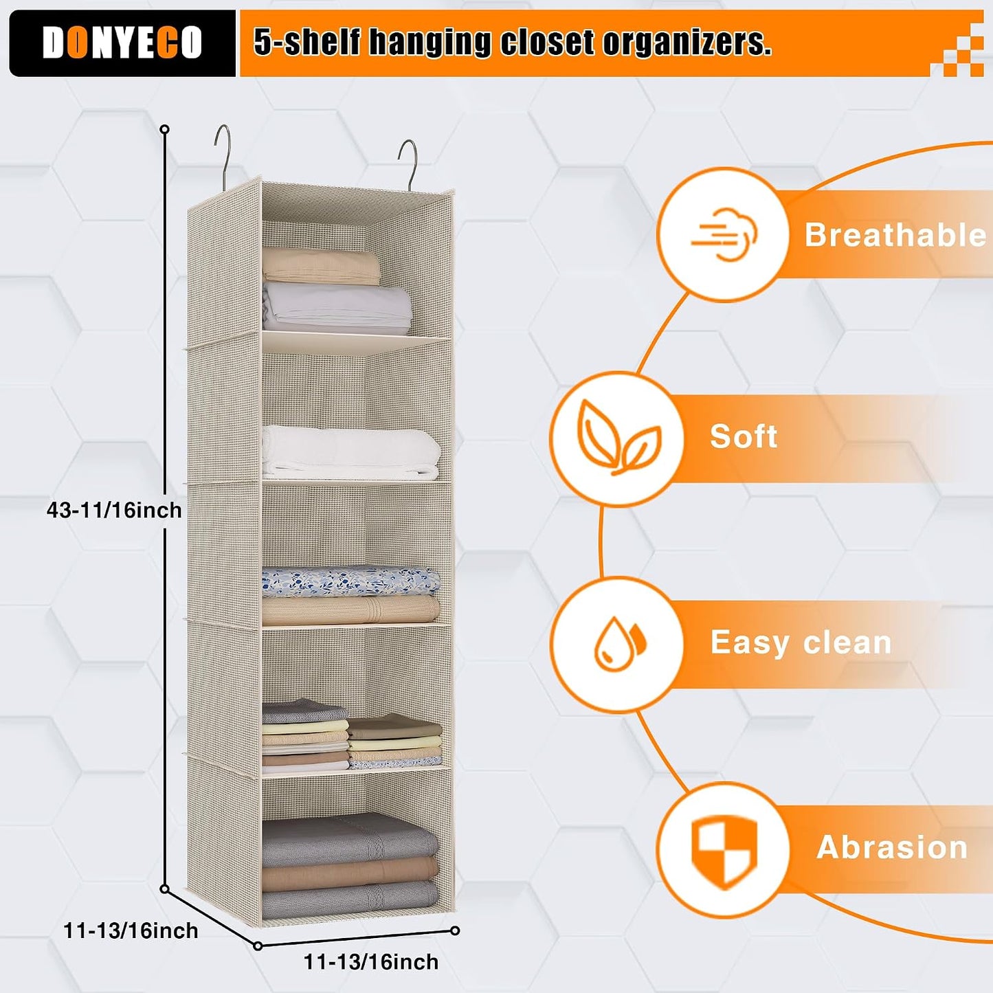 Hanging Closet Organizer 3-Shelf, Oxford Fabric Wardrobe Storage, Gray | Easy-mount foldable design holds clothes, handbags, shoes & accessories; washable Oxford fabric, sturdy and space-saving.