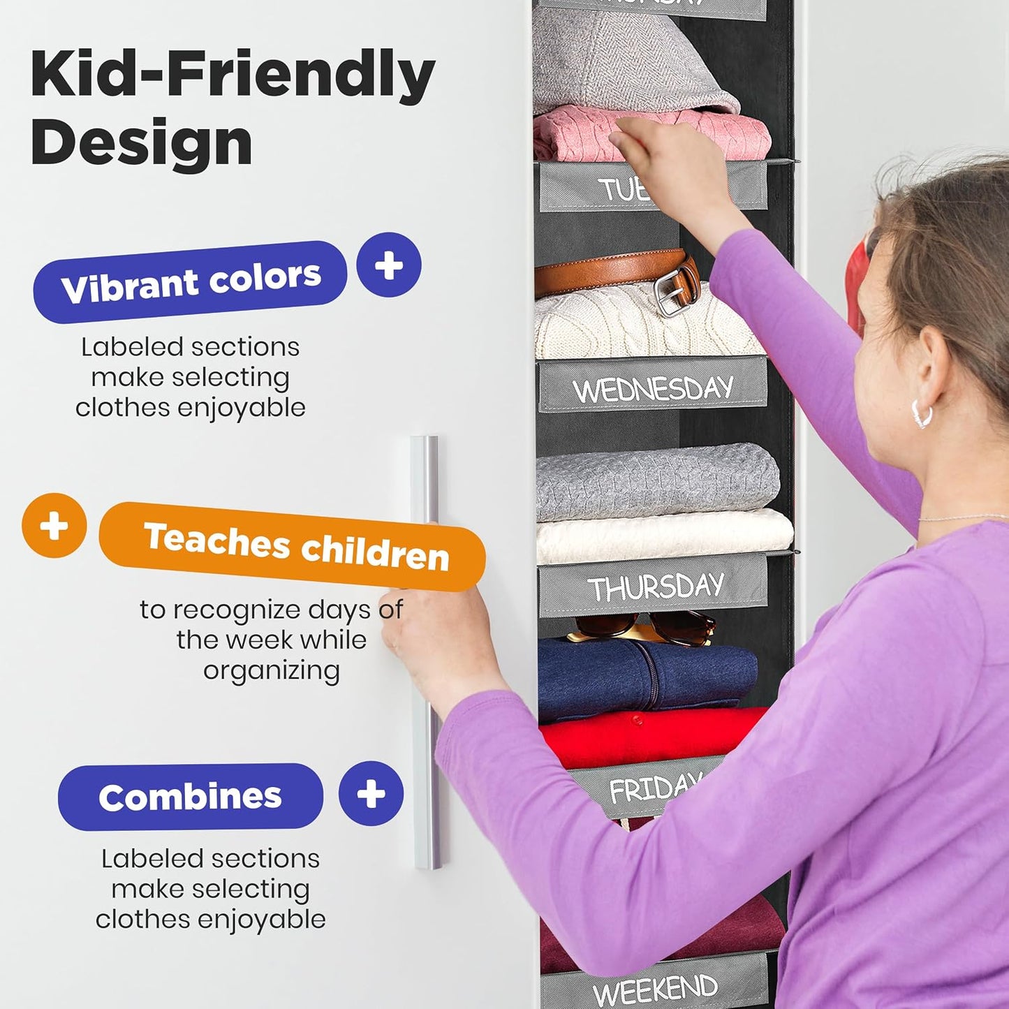 Handy Laundry Weekly Clothes Organizer for Kids, 6-Shelf Bamboo Reinforced | Days of the Week Hanging Closet Shelves, Monday Through Friday and Weekend, School Outfit Storage, Side Pockets, Pink
