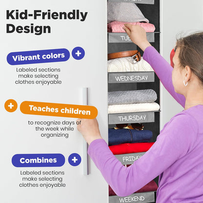 Handy Laundry Weekly Clothes Organizer for Kids, 6-Shelf Bamboo Reinforced | Days of the Week Hanging Closet Shelves, Monday Through Friday and Weekend, School Outfit Storage, Side Pockets, Pink
