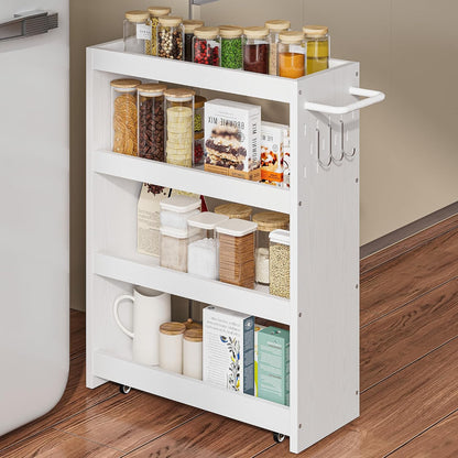 LIKIMIO 4 Tier Slim Storage Cart with Hooks, Wheels, Handle, Slide-Out Rolling Utility Cart for Small Spaces Kitchen, Narrow Mobile Shelving Unit Organizer Trolley, 23.6" L x 9.4" W
