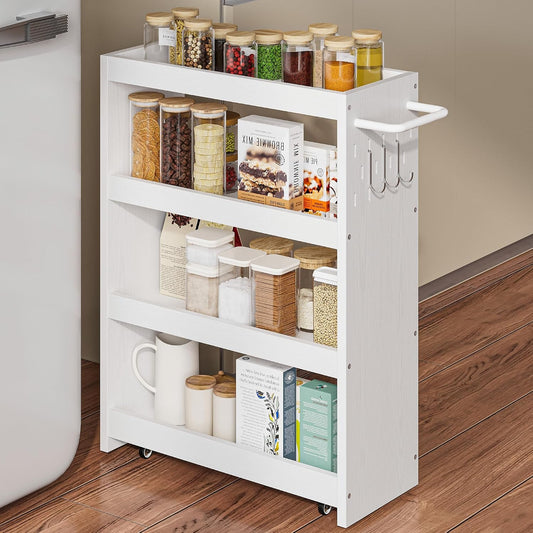LIKIMIO 4 Tier Slim Storage Cart with Hooks, Wheels, Handle, Slide-Out Rolling Utility Cart for Small Spaces Kitchen, Narrow Mobile Shelving Unit Organizer Trolley, 23.6" L x 9.4" W