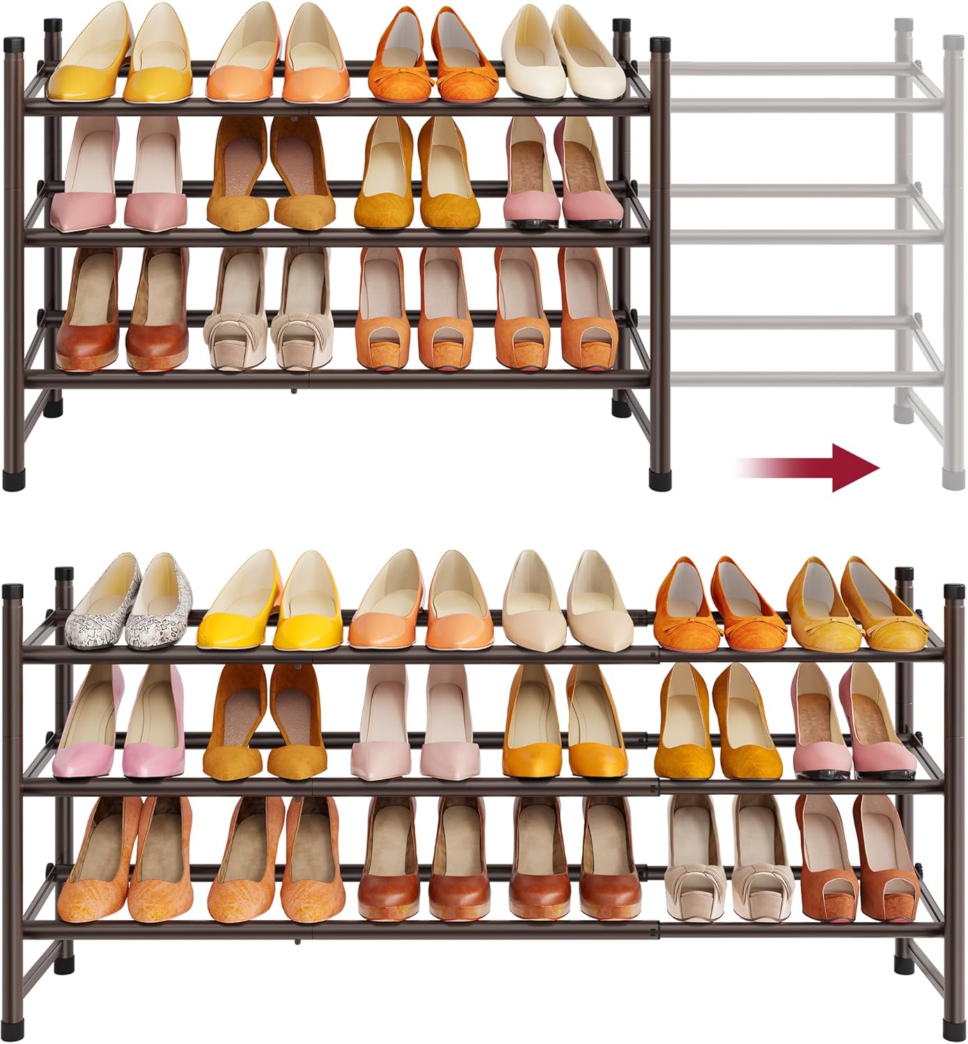 Tajsoon Expandable Shoe Rack for Closet 3 Tier, 28“-41“Adjustable & Stackable Shoe Shelf Storage, Metal Shoe Rack Organizer for Front Door Entrance, Closet, Garage, Entryway, Black