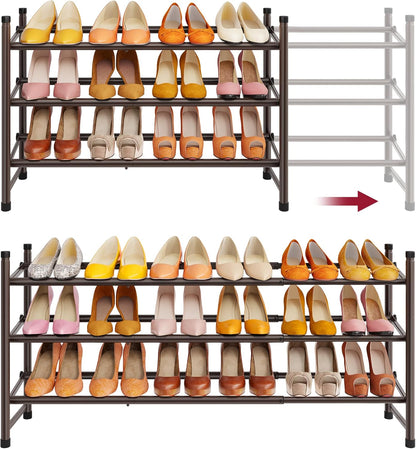 Tajsoon Expandable Shoe Rack for Closet 3 Tier, 28“-41“Adjustable & Stackable Shoe Shelf Storage, Metal Shoe Rack Organizer for Front Door Entrance, Closet, Garage, Entryway, Black