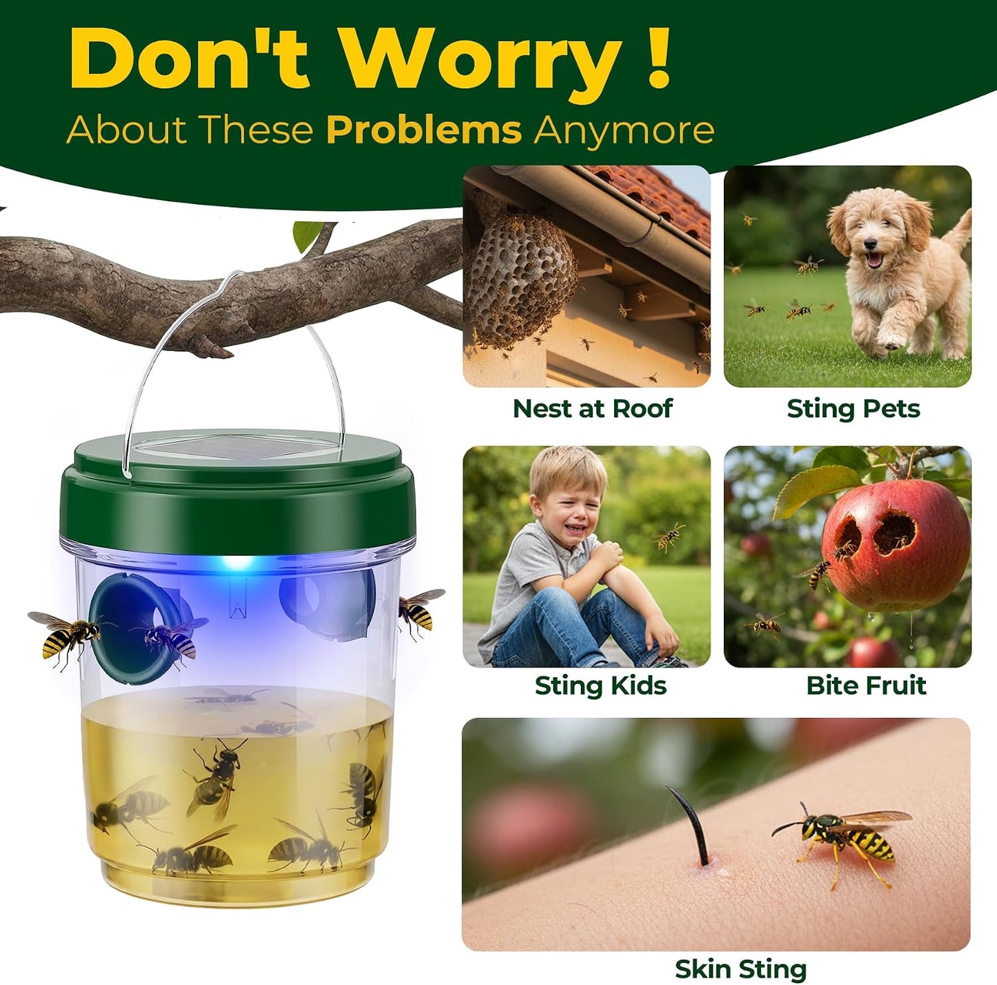 Wasp Traps Outdoor Hanging 4 Packs, Solar Powered Hornet Catcher for Outside Patio Backyard Camping, New Upgrade Carpenter Bee Insect Yellow Jacket Trap with LED Light