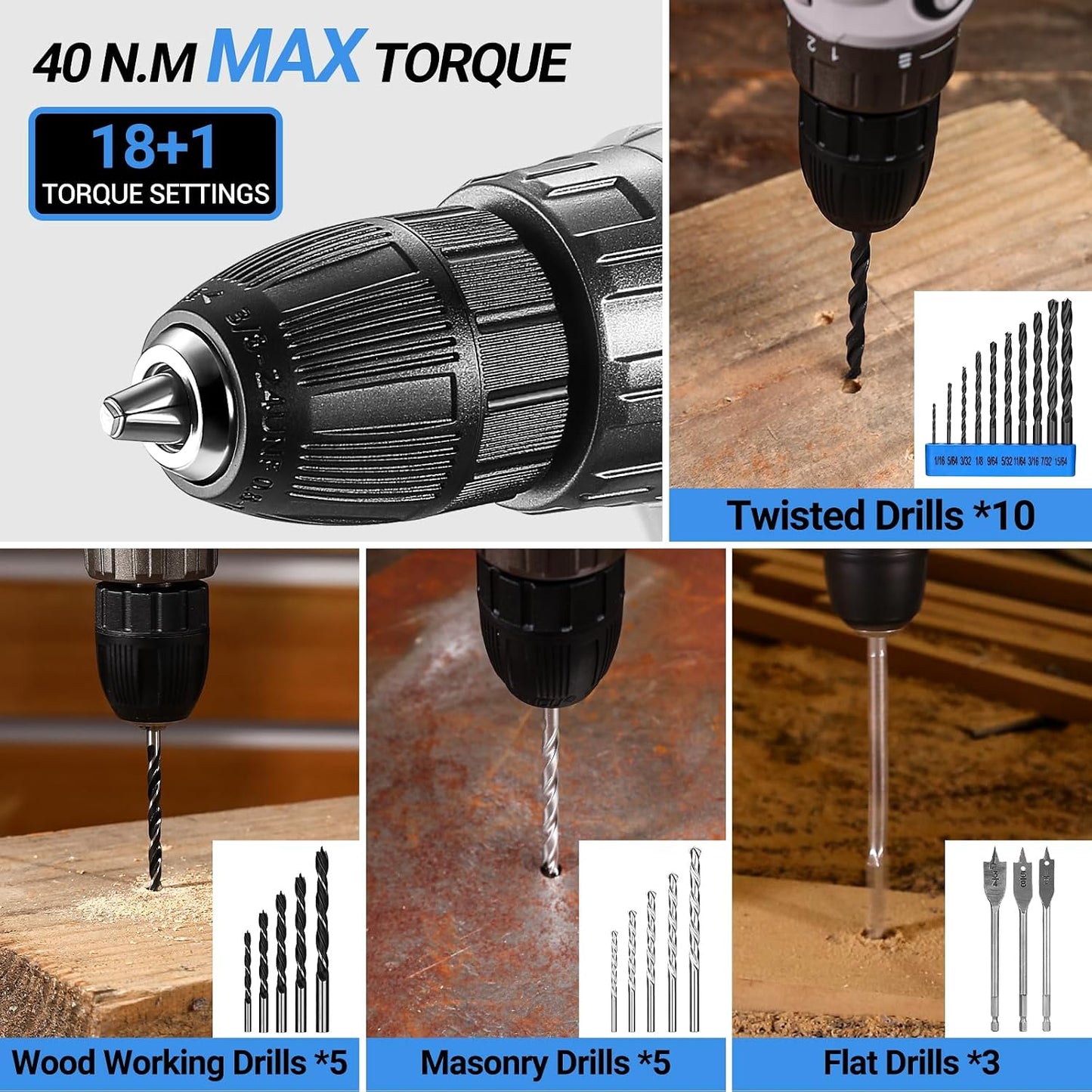 Cordless Drill Tool Kit Set: 20V Power Drill Tool Box with Battery Electric Drill Driver for Men Home Hand Repair Basic Toolbox Tools Sets Drills Case
