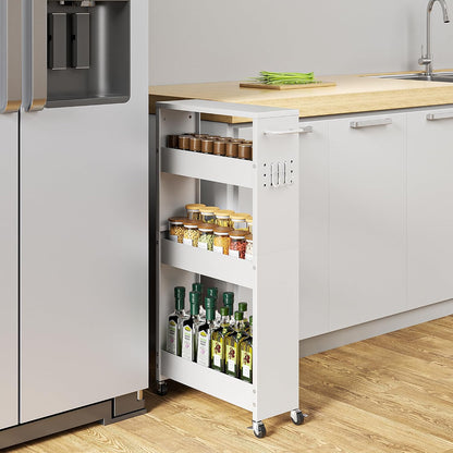 XYZLVSI Slim Storage Cart, Narrow Kitchen Rolling Cart for Small Spaces | 5.9" W skinny storage cart, 12.4" bottom metal utility cart with 360° swivel wheels for bathroom/laundry, slim shelf, white