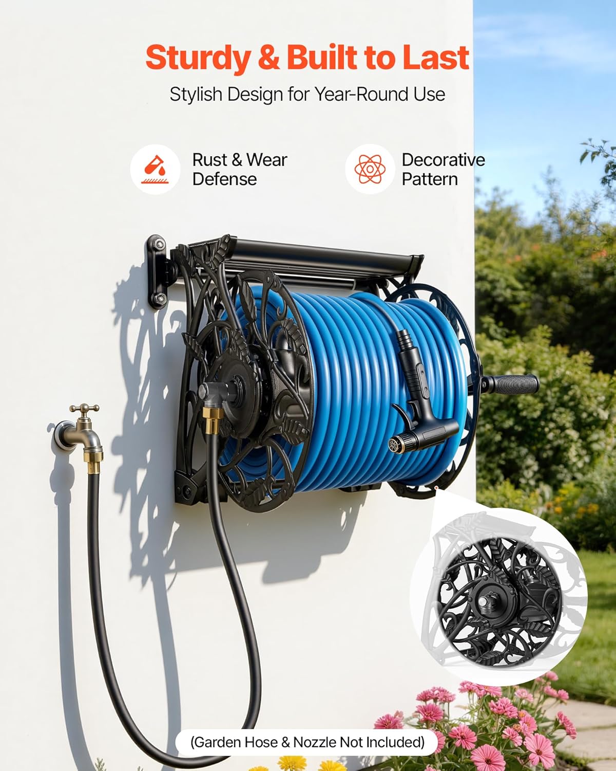 VEVOR Wall Mounted Garden Hose Reel, Holds 125 ft 5/8-inch Hose, Heavy-Duty Water Hose Winder, Space-Saving Design, Outdoor Manual Reel with Brass Fitting and Storage Basket for Yard Lawn