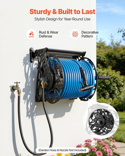VEVOR Wall Mounted Garden Hose Reel, Holds 125 ft 5/8-inch Hose, Heavy-Duty Water Hose Winder, Space-Saving Design, Outdoor Manual Reel with Brass Fitting and Storage Basket for Yard Lawn