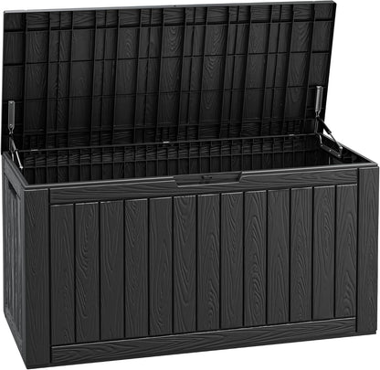 Fancyango 75 Gallon Outdoor Deck Box Waterproof, Large Storage Box for Patio, Resin Storage Bench Lockable for Garden Tools, Package Delivery, Black