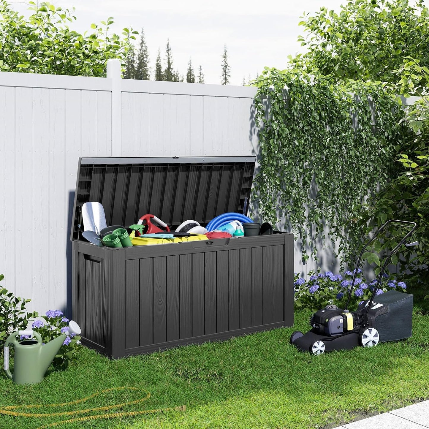 125Gal Outdoor Storage Box, Lockable Deck Box with Hydraulic Lid | Waterproof UV-resistant, Durable outdoor bin for patio cushions, pool accessories & garden tools. Keeps contents secure & dry