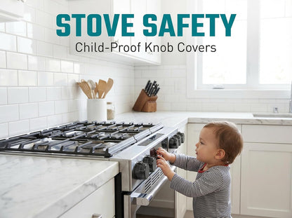 Stove Knob Covers for Child Safety, Black Gas Range Protectors for Baby Proofing Heat Resistant Oven Guard Locks Fits Button Under 2.4" Diameter Secure Under-Knob Anchor Fit Plastic Heat Resistant 5Pc