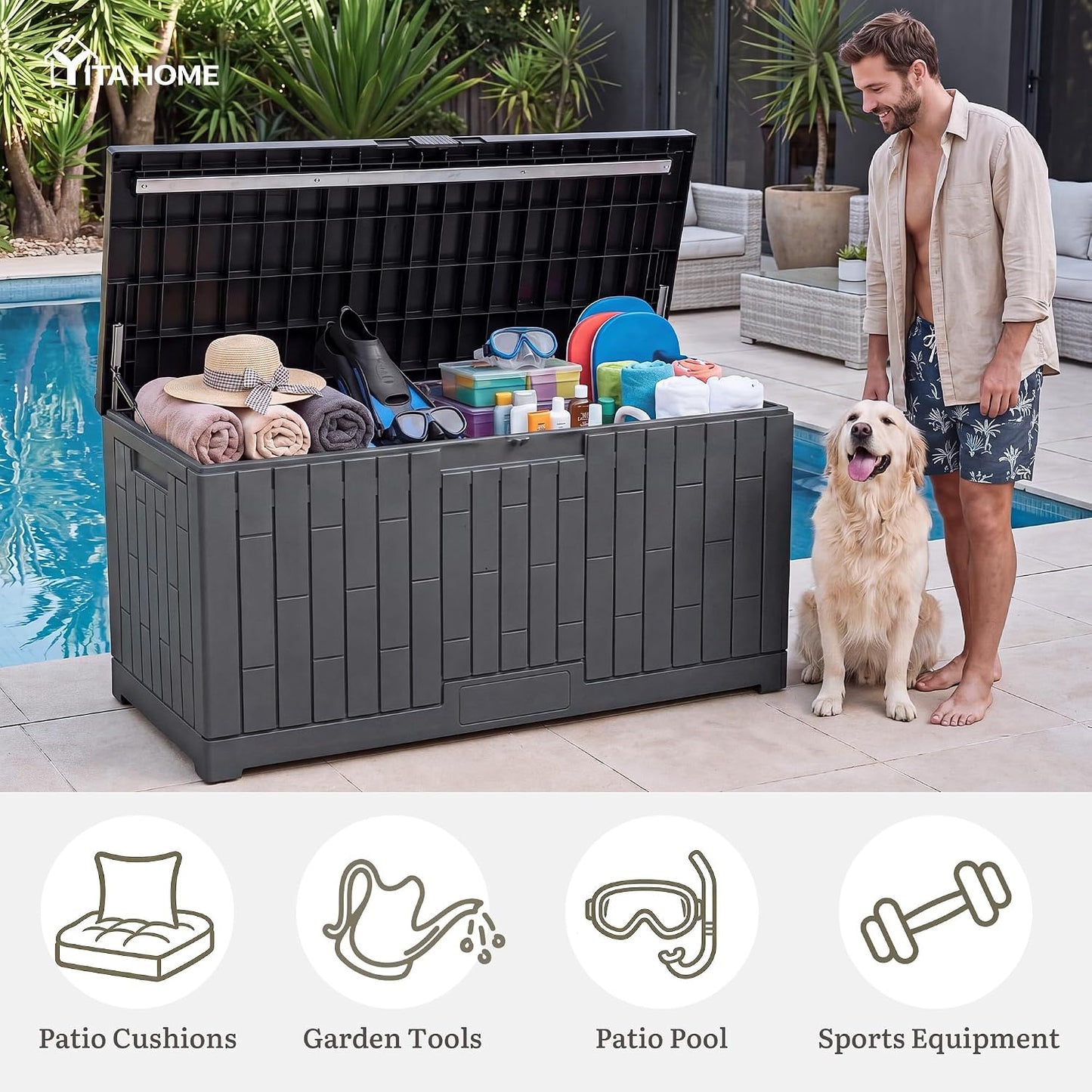 YITAHOME 31 Gallon Outdoor Storage Deck Box | Waterproof Resin Package Delivery and Storage Box with Lockable Lid for Patio Furniture Cushions, Pool Accessories, Garden