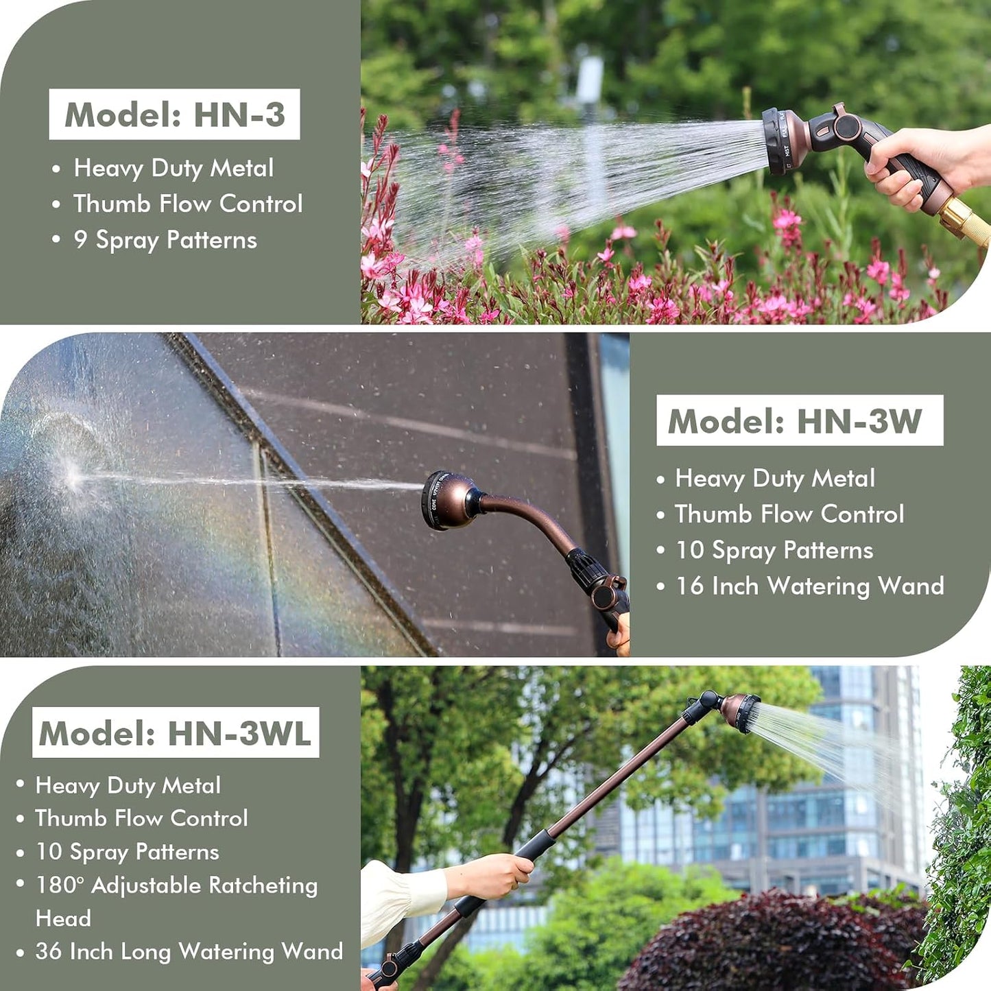 RESTMO Watering Wand Heavy Duty, Metal Garden Hose Wand with 10 Spray Patterns, 15-Inch Long Hose Nozzle Sprayer with Thumb Flow Control, Ideal to Water Hanging Baskets and Shrubs
