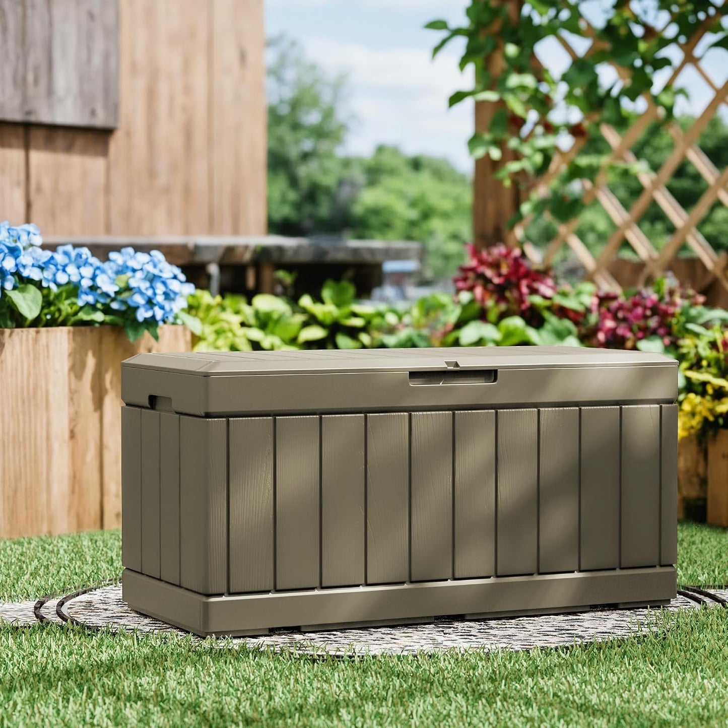 Greesum 110 Gallon Outdoor Storage Box with Lockable Lid, All-Weather for Patio Furniture, Pool Supplies & Garden Tools, Waterproof, UV-Resistant Large Deck Box, Dark Black