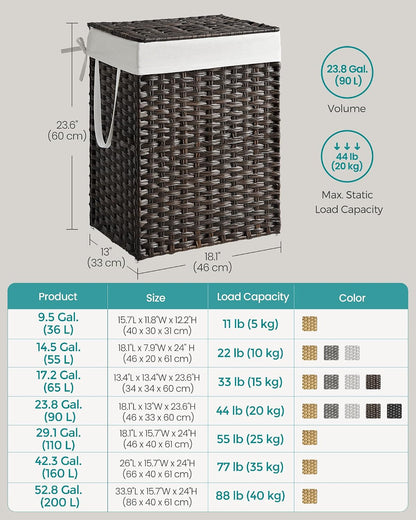 SONGMICS Laundry Hamper with Lid, 23.8 Gallon (90 L) Synthetic Rattan Clothes Laundry Basket with Lid and Handles, Foldable, Removable Liner, Chestnut Brown ULCB051K02