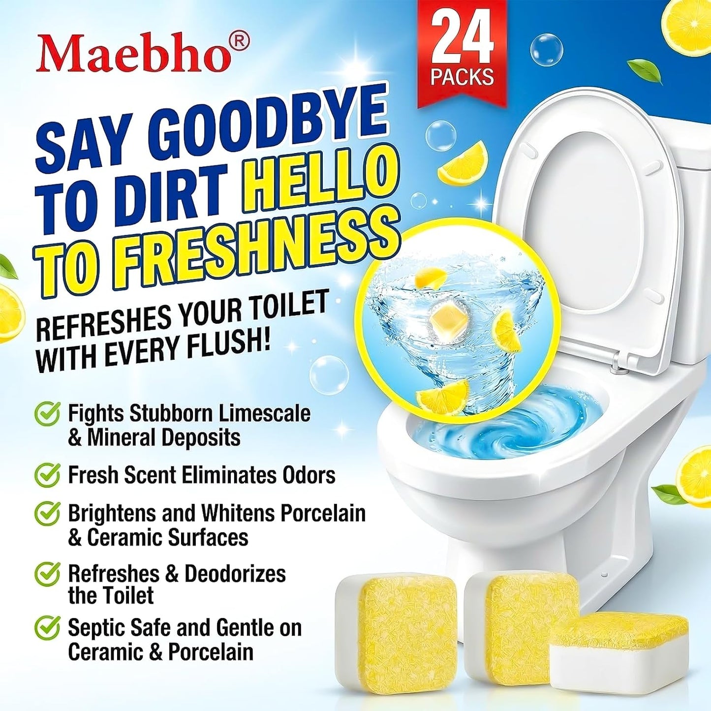 Toilet Bowl Cleaner Tablets – Lots of Foam Deodorizer & Septic Safe, Odor Eliminator, Stain Remover for Long-Lasting Freshness,No Harsh Chemicals,– Fresh Lemon Scent 24 Pack