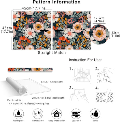 HAOKHOME Boho Peel and Stick Wallpaper Floral Wall Paper Removable for Bedroom Navy/Pink/Orange Contact Paper 17.7in x 9.8ft