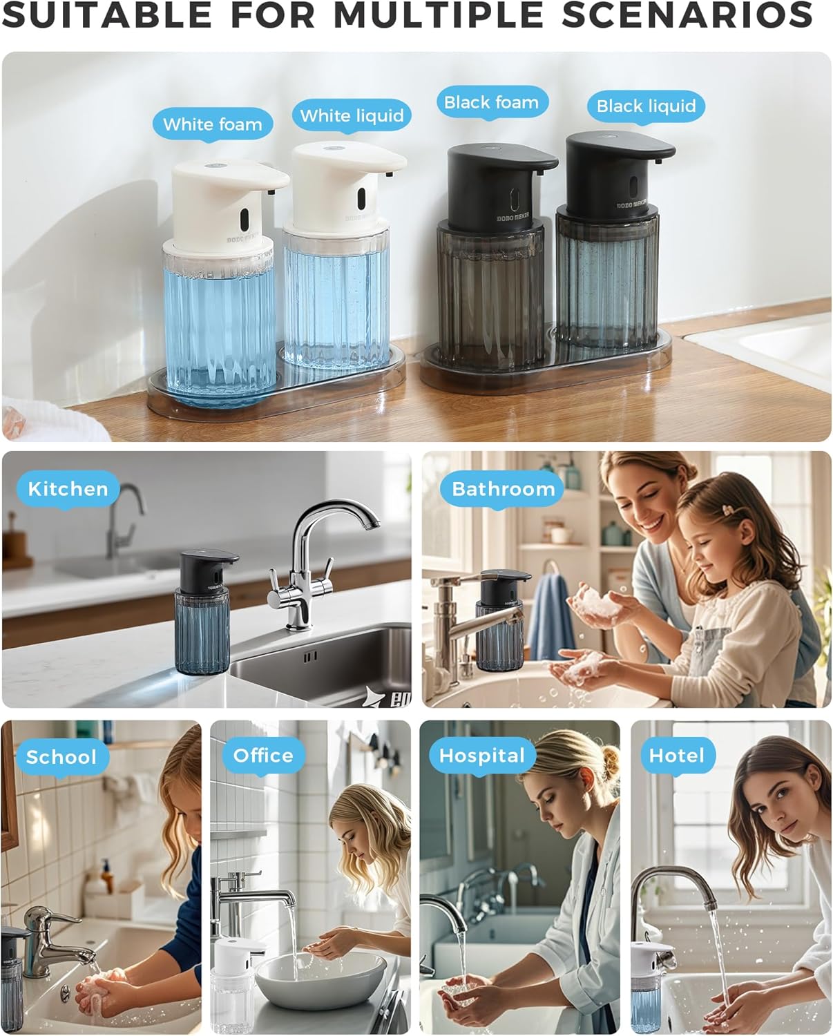 Automatic Foaming Soap Dispenser Touchless, 3 Adjustable Liquid Levels, 10oz/300ml Rechargeable, IPX7 Waterproof for Bathroom, Kitchen, Black