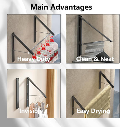 Dr.DJ Clothes Drying Rack Wall Mounted, Retractable & Foldable Clothes Hanger for Laundry Room Organization and Storage, Clothes Hanger Rack for Dorm, Closet, Balcony, Laundry Room(1P, Metal, Black)