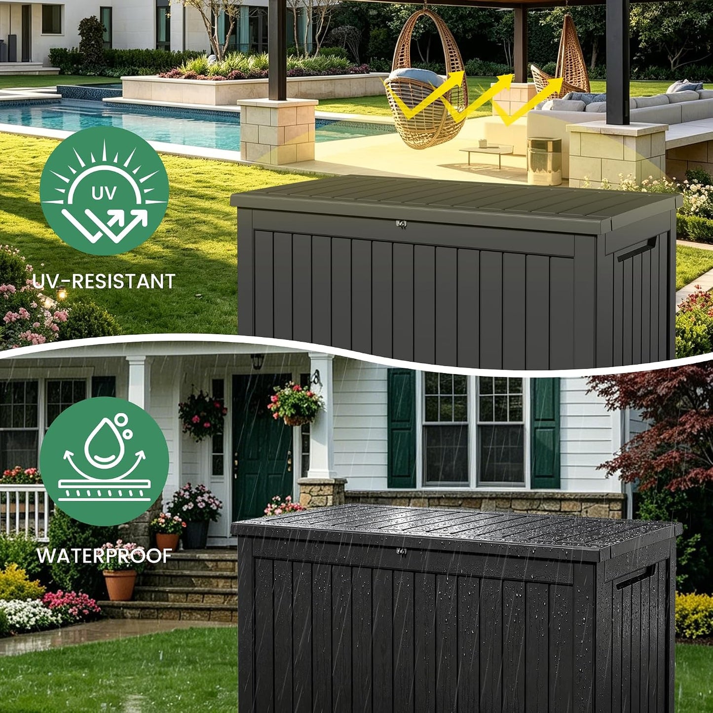 100 Gallon Storage Box, Waterproof Resin Deck Box with Hydraulic Piston Design, Lockable Storage Bench for Package Delivery, Storage Bin for Patio Cushions, Garden Tools, Black