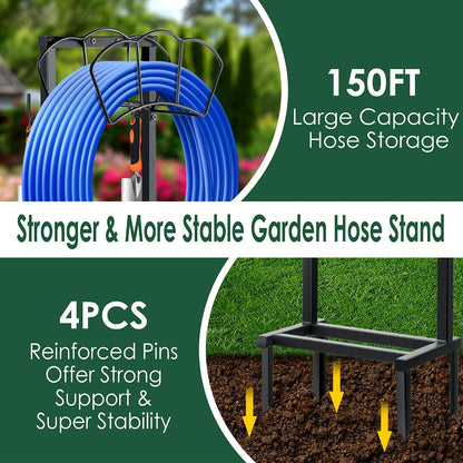 Metal Garden Hose Holder, Heavy Duty Water Hose Hanger, Wall Mounted Hoses Organizer, Hose Reel Stand Rack Hook, Hose Storage hold 150Ft Water Hoses for Outside Yard
