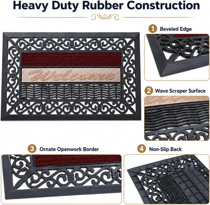 ROOM127 Outdoor Doormat, 28.3" x 16.9", Heavy Duty Rubber Scraper Door Mat | Multi-Zone Cleaning, Absorbent Strip, Open Drainage, Non-Slip Indoor Outdoor Rug for Front Door Patio Garage Mudroom