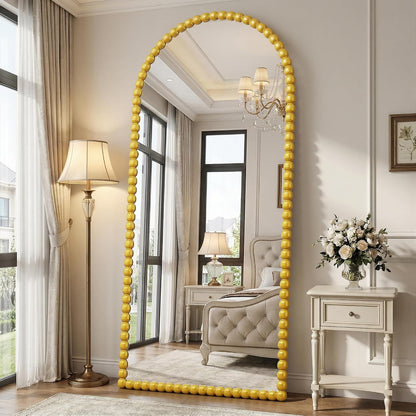 Antok 58" x 21" Arched Full Length Mirror, Antique Beaded Frame Floor Standing or Wall Mounted Mirror with Stand for Bedroom, Entryway, Brown, Luxury Style