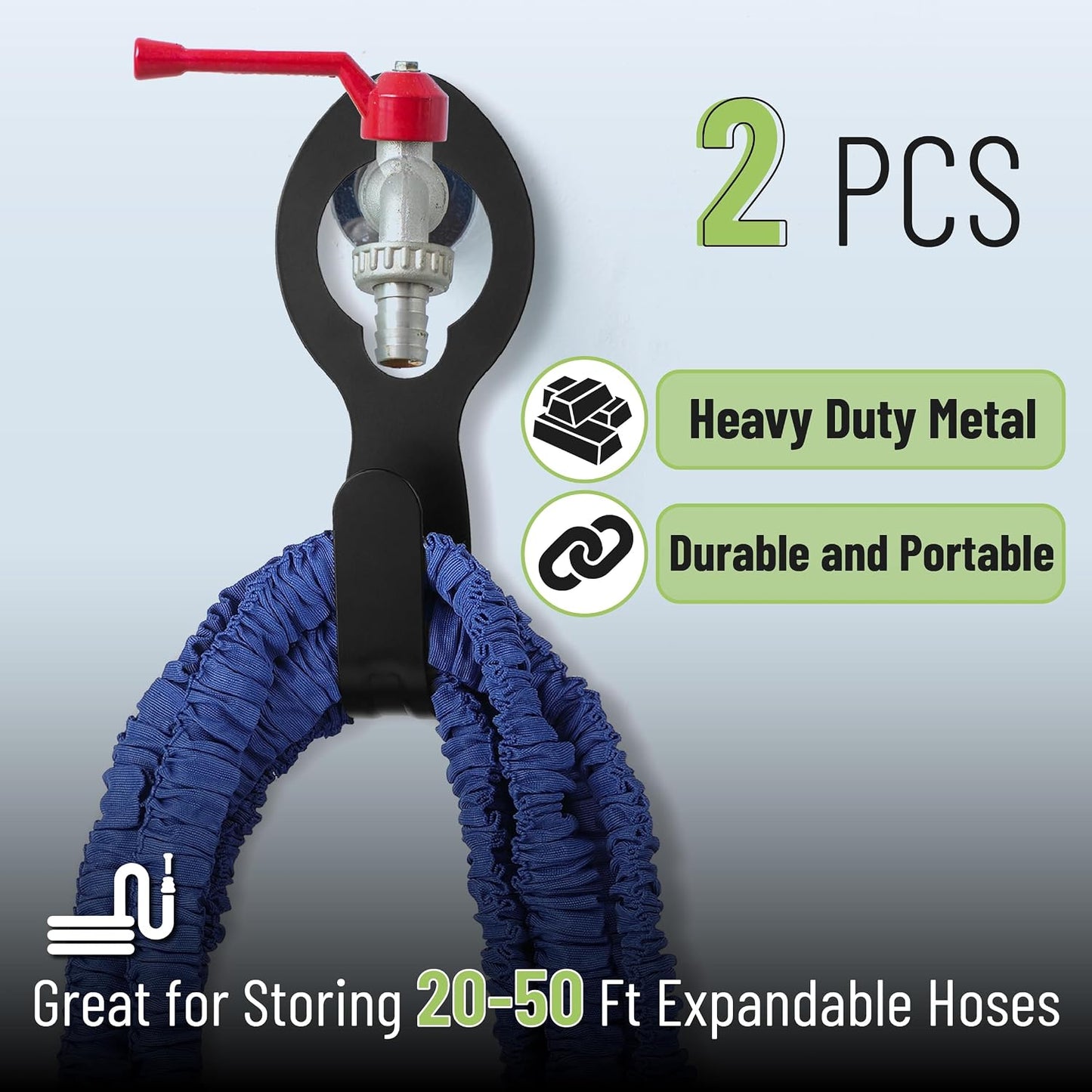 UNCO- Small Garden Hose Holder, Metal, Fits 20-50 ft 5/8” Expandable Hose | Wall Mounted Hose Rack, Outdoor Water Storage Bracket for Yard, Garden Organization and Easy Access Storage Use