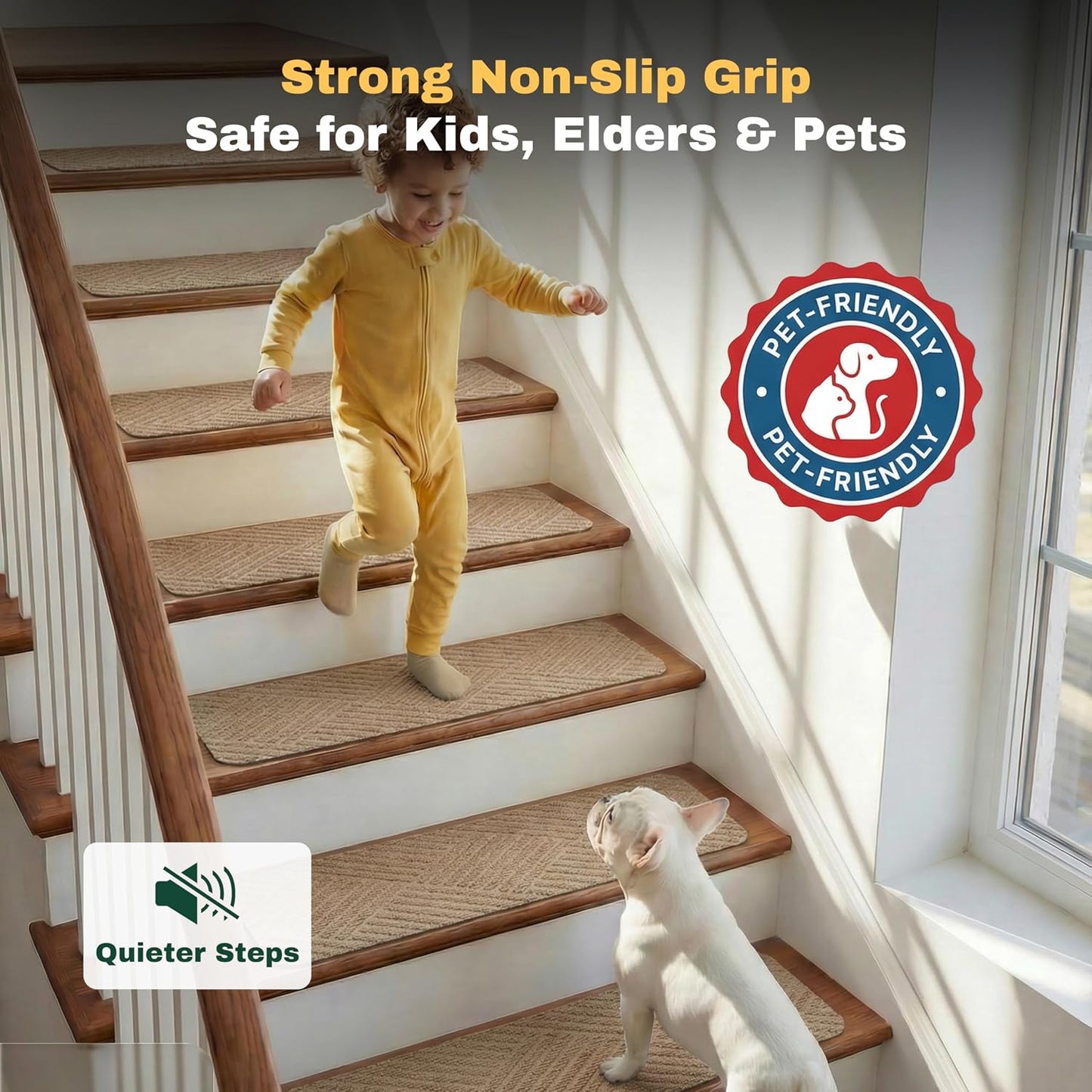 MBIGM 8" X 30" (15 in Pack) Non-Slip Carpet Stair Treads Non-Skid Safety Rug Slip Resistant Indoor Runner for Kids Elders & Pets with Reusable Adhesive - Dark Gray Diamond Weave