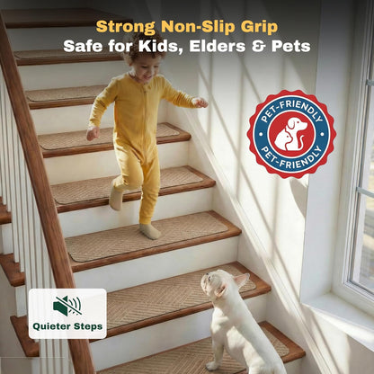 MBIGM 8" X 30" (15 in Pack) Non-Slip Carpet Stair Treads Non-Skid Safety Rug Slip Resistant Indoor Runner for Kids Elders & Pets with Reusable Adhesive - Dark Gray Diamond Weave