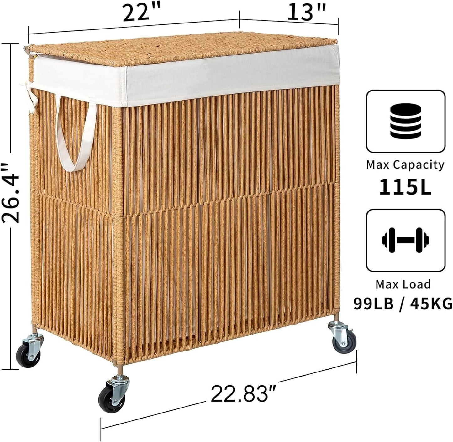 WOWLIVE Laundry Hamper with Wheels, 160L Handwoven Rolling Laundry Basket 3 Section with Lid, Clothes Hamper with Removable Liner Bags, Large Capacity Laundry Sorter Laundry Room Organization, Natural