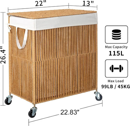 WOWLIVE Laundry Hamper with Wheels, 160L Handwoven Rolling Laundry Basket 3 Section with Lid, Clothes Hamper with Removable Liner Bags, Large Capacity Laundry Sorter Laundry Room Organization, Natural