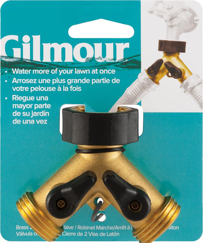 Gilmour Heavy Duty 2 Way Garden Hose Splitter, Dual Water Hose Splitter with Shut Off Valve, Brass Water Manifold