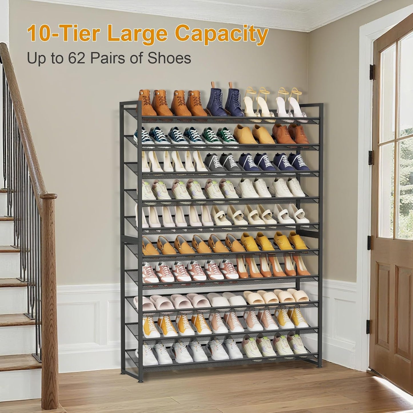 Large Shoe Rack 8 Tier Shoe Organizer, Heavy Duty Metal 4-Tier Stackable Shoe Storage Vertical Shoe Rack for Closet Front Door Entrance, Up to 50 Pairs, 44.8" W x 11.4" D x 56.7" H, Black