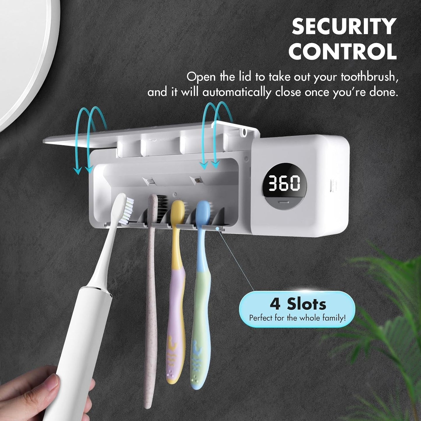 Auntyfey Sanitizeri Toothbrush Holder, Sanitizeri Toothbrush Cleaner, 2000mAh Rechargeable Cordless Wall Mounted Holders for Bathroom, 4 Slots & Timer Function, White