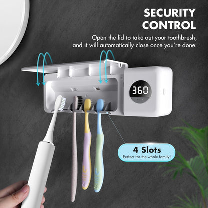Auntyfey Sanitizeri Toothbrush Holder, Sanitizeri Toothbrush Cleaner, 2000mAh Rechargeable Cordless Wall Mounted Holders for Bathroom, 4 Slots & Timer Function, White
